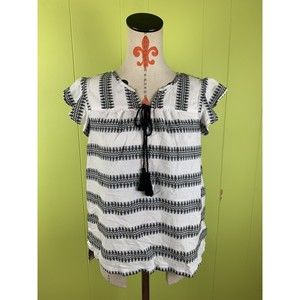 New Direction High Low Ruffle Short Sleeve Top Blouse Boho PS Tassel White